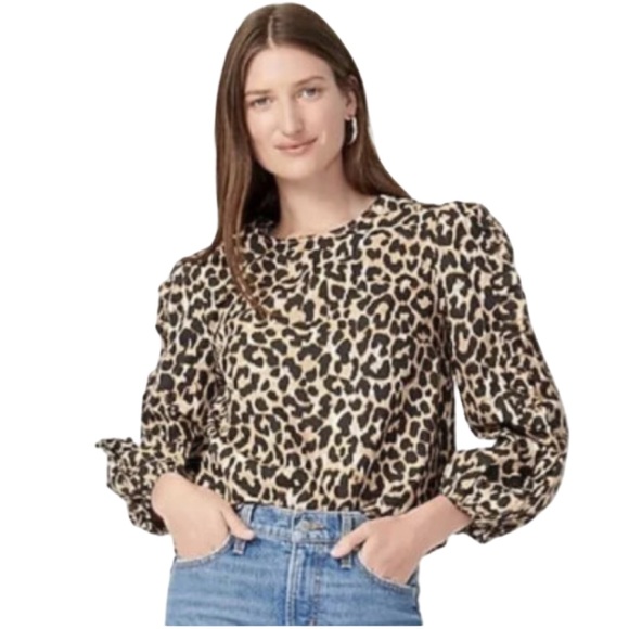 J. Crew Tops - J. Crew Women's Leopard Print Long Ruffle Puff Sleeves Blouse Relaxed Fit NWT